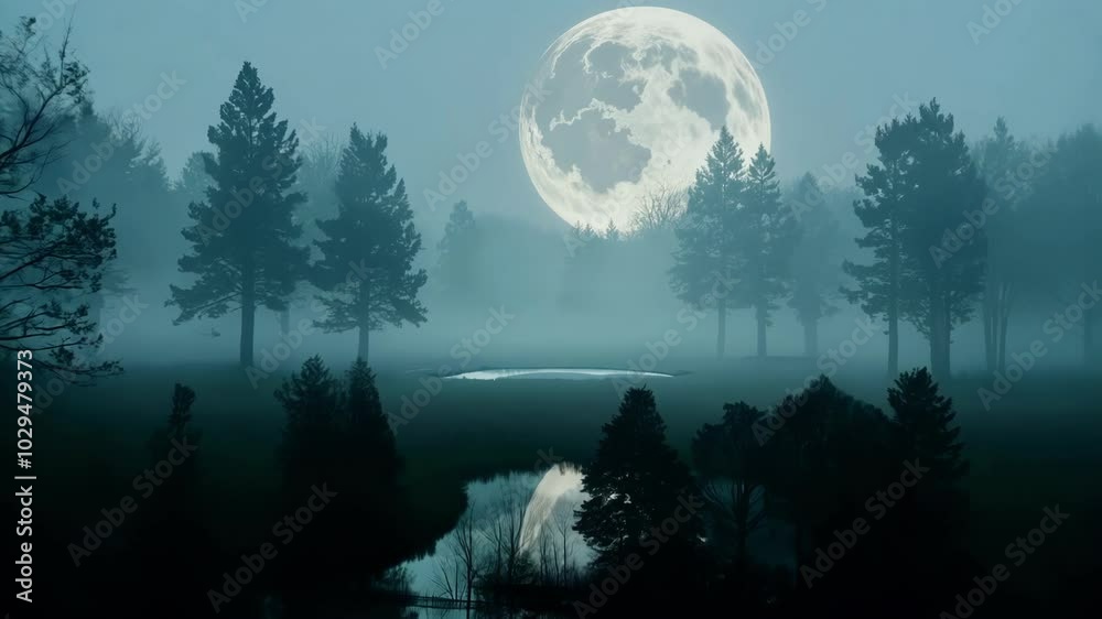 Poster bright full moon shines over a mysterious forest with a tranquil lake reflecting tree silhouettes, c