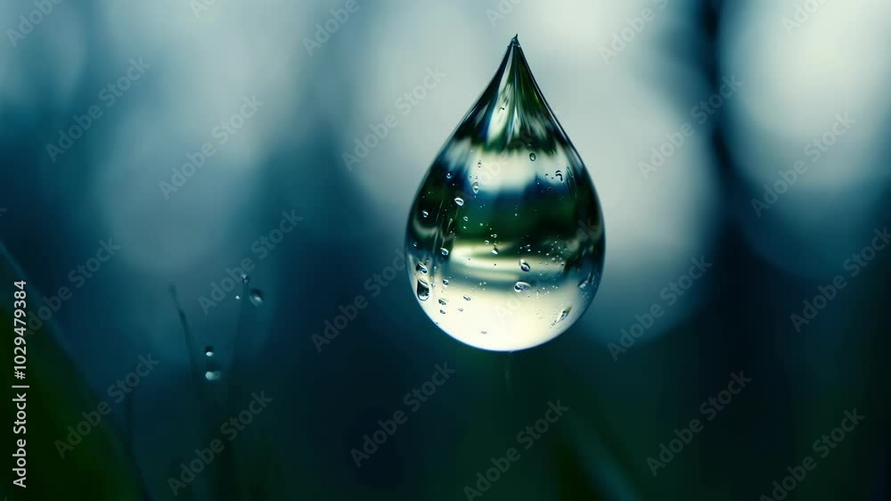Poster Macro image of a large water droplet hanging on a blade of grass with smaller droplets reflecting the sky in the background