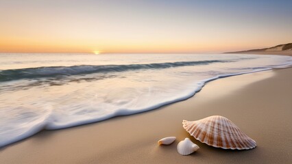 Tranquil Sunrise Beach Scene with Seashells and Copy Space
