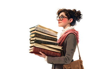  illustration of a librarian holding a stack of books and a card catalog, isolated on a white background