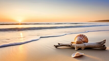 Tranquil Sunrise Beach Scene with Seashells and Copy Space