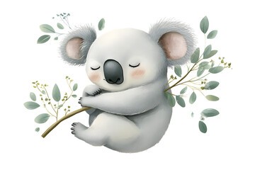 illustration of a koala hugging a eucalyptus branch, isolated on a white background