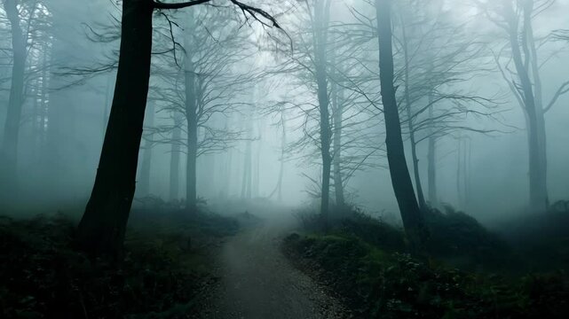 Wandering through a mysterious forest on a foggy autumn day. A gravel path winds amidst eerie trees and green ferns. Creating a spooky and scenic atmosphere perfect for outdoor exploration in bavaria