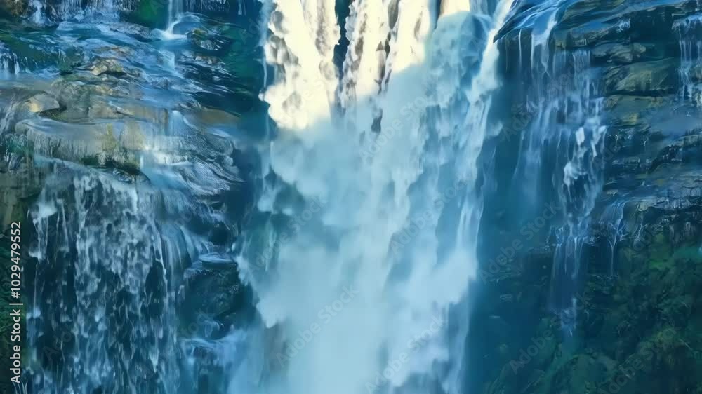 Poster water is cascading down a mountainside covered in lush green vegetation, creating a beautiful waterf