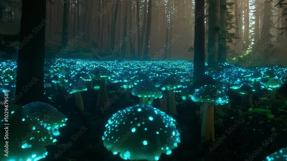 Poster mystical forest at night with glowing mushrooms creating a magical atmosphere. green and blue hues a