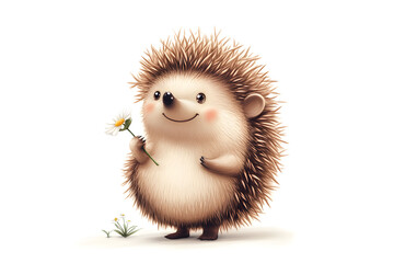 illustration of a hedgehog holding a small flower, smiling, isolated on a white background