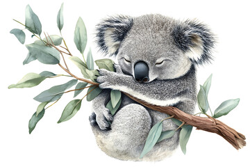 illustration of a koala hugging a eucalyptus branch, isolated on a white background