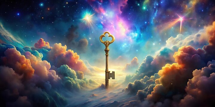 Surreal cosmic landscape with a glowing key floating in colorful clouds symbolizing mystery and exploration of the universe