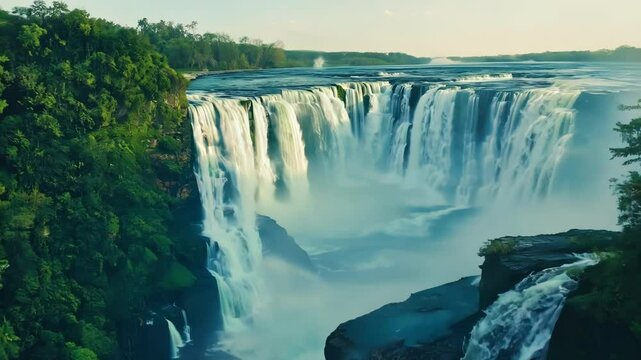 Water cascading over victoria falls, creating a misty spray and a deafening roar as it plunges into the zambezi river below