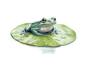 illustration of a frog sitting on a lily pad, surrounded by small water droplets, isolated on a white background
