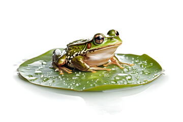 illustration of a frog sitting on a lily pad, surrounded by small water droplets, isolated on a white background