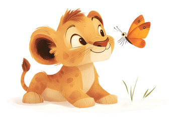 illustration of a friendly lion cub with a small butterfly resting on its nose, isolated on a white background 