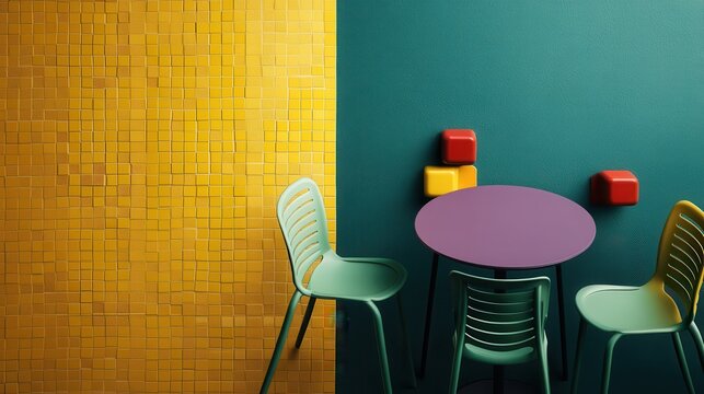 A cheerful cafe nook, featuring teal and purple chairs against a yellow mosaic wall, exuding joy and vibrancy through its lively color scheme and playful arrangement.