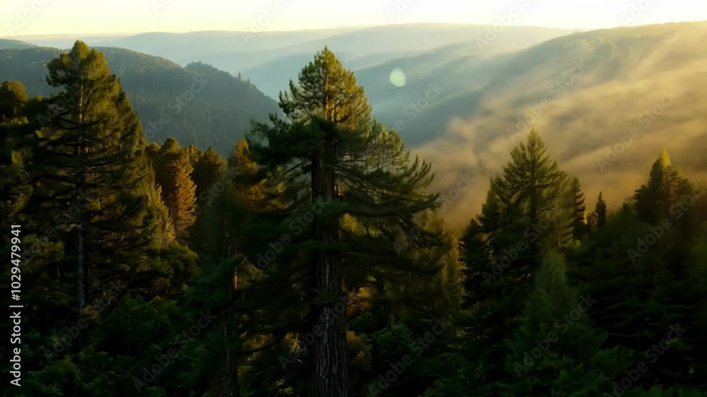Aufkleber Golden sunlight is illuminating the leaves of trees in a dense coniferous forest, creating a captivating contrast of light and shadow