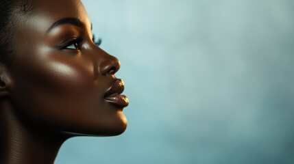 Fototapeta premium A close-up portrait of a woman showcasing flawless skin against a light background.
