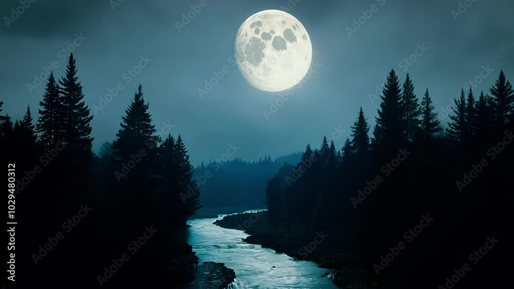 Poster mystical scene unfolds with a river flowing through a forest under the full moon, casting a serene a