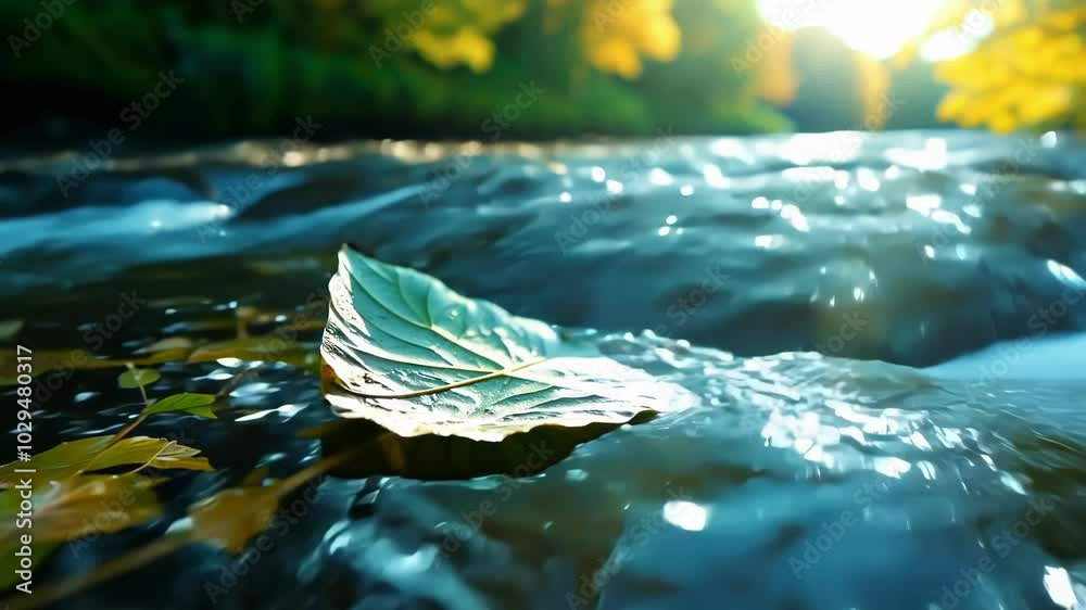 Poster large green leaf with clearly defined veins floats on the surface of a flowing river. the sunlight s