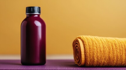 An inviting fitness setup with a purple bottle and orange towel placed on a purple mat, offering vibrancy and motivation for a healthy lifestyle approach.