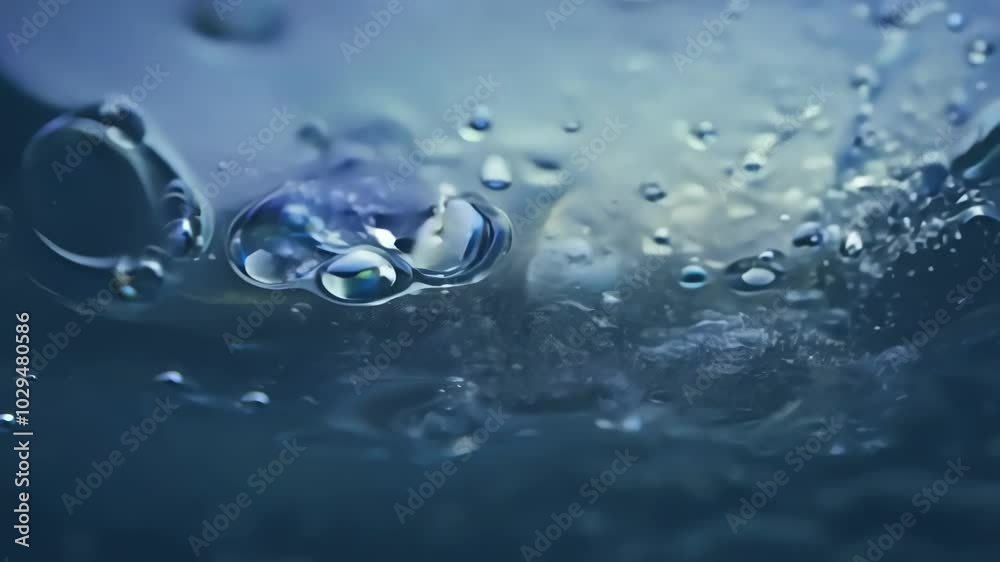 Aufkleber mesmerizing abstract shapes and bubbles on water surface with vibrant blue liquid texture reflecting