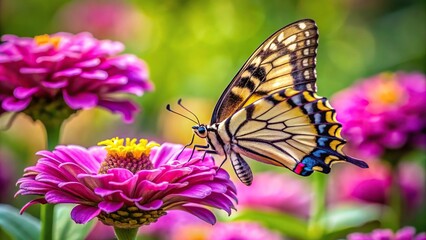Swallowtail butterfly perched on purple zinnia flower