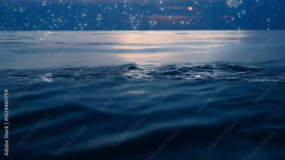 Poster The dark blue ocean water reflects the twilight sky, creating a mysterious and magical atmosphere. The serene scene evokes calmness and peacefulness, ideal for adding ethereal beauty to any project