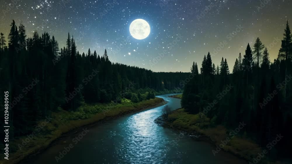 Poster Mesmerizing view of a winding river flowing through a dense forest under the bright light of a full moon and a starry night sky