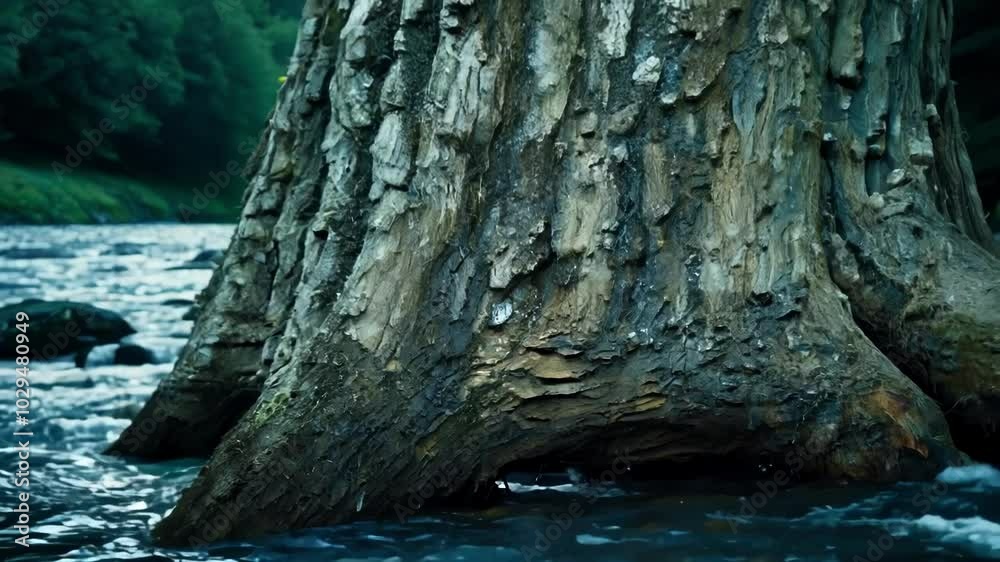 Poster weathered tree trunk partially submerged in a flowing river, showcasing nature's raw beauty with its