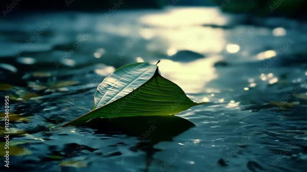 Poster single green leaf floating on the surface of a body of water, reflecting the sun and creating a peac