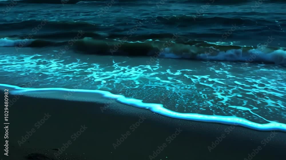 Aufkleber Glowing blue waves crash on a dark beach at night, lit up by bioluminescent plankton and algae, creating a magical and tranquil scene