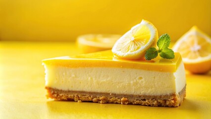 sweet delicious yellow lemon cheesecake on yellow background macro