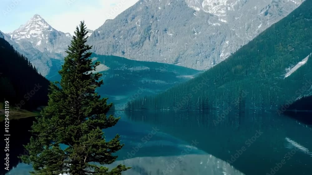 Poster lone pine tree is growing in the middle of a clear mountain lake reflecting the surrounding peaks an