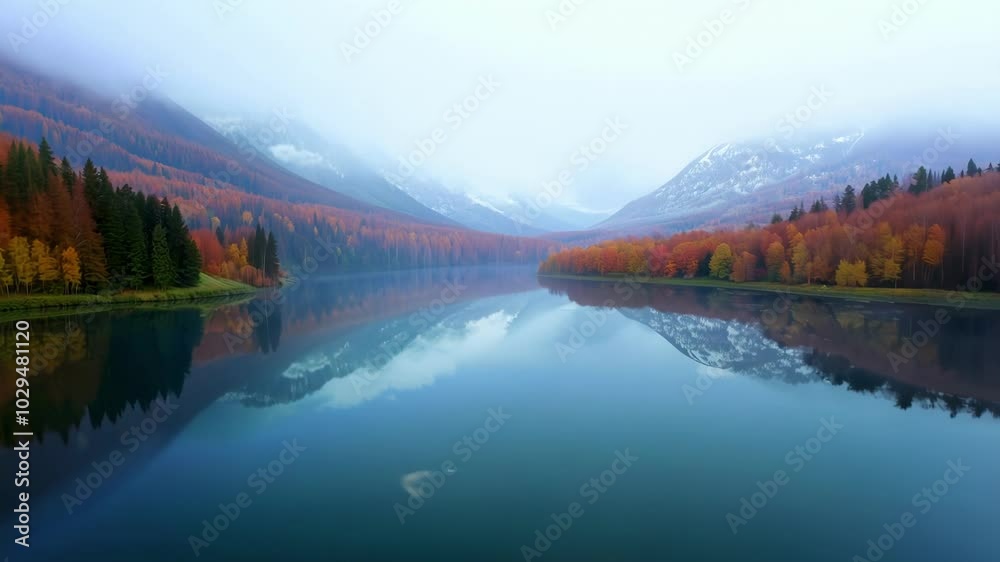 Poster tranquil lake reflecting colorful autumn forest and snow capped mountains on a foggy morning. misty 