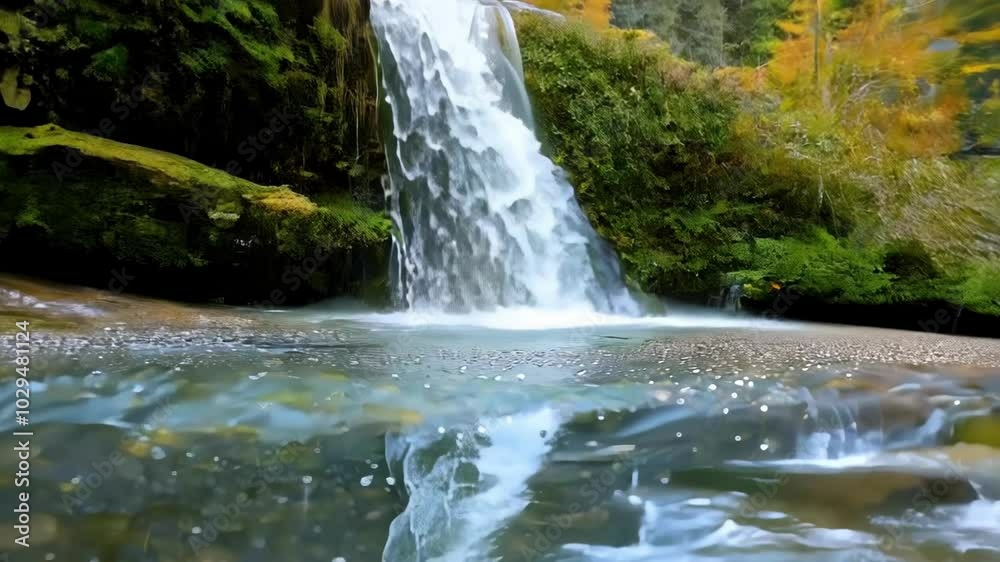 Poster beautiful waterfall cascades over moss covered rocks and forms a crystal clear pond surrounded by th