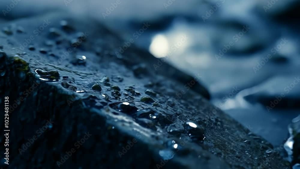 Poster close up of water droplets forming on the dark surface of a rock, with a shallow depth of field and 