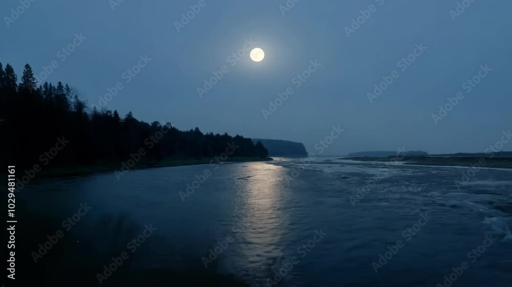 Poster River flows under a full moon in a dark forest, creating mesmerizing rapids and reflecting moonlight for a serene atmosphere
