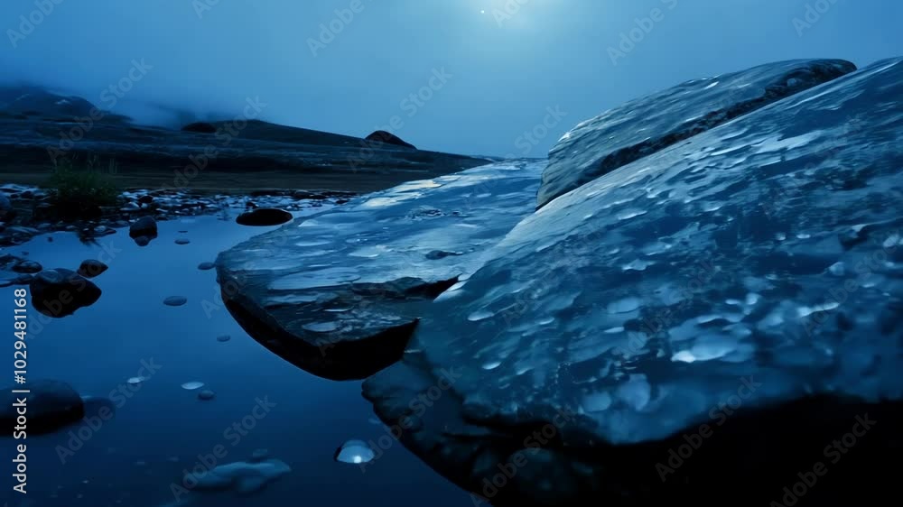 Poster The moon is reflecting on the surface of a pond in a mountain landscape at night, creating a mystical and serene atmosphere