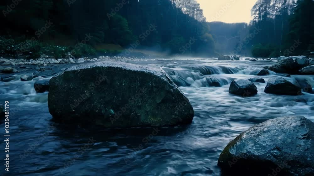 Poster tranquil river flows gently around moss covered rocks in a serene forest, creating a peaceful atmosp
