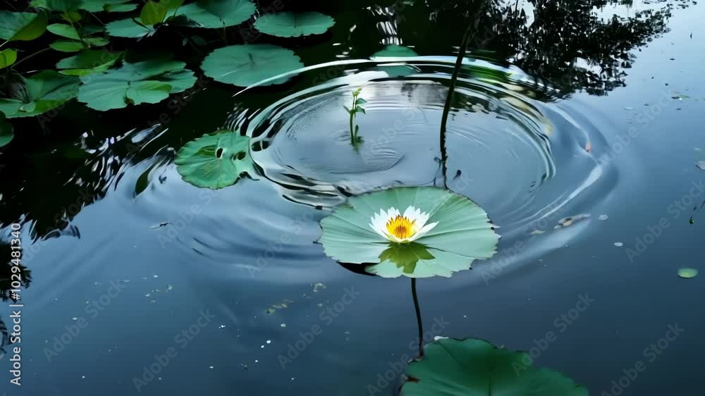 Poster white lotus flower blooming in a pond surrounded by lily pads, creating a serene and tranquil atmosp