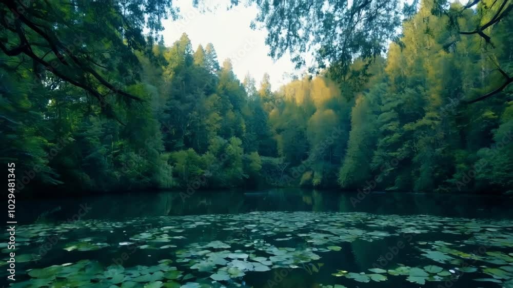 Poster green water lily pads peacefully float on a tranquil pond, reflecting lush trees and a sunny sky on 
