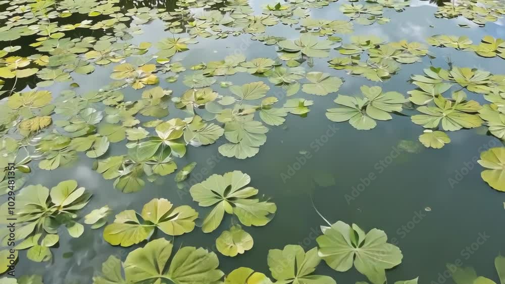 Aufkleber green water lily pads are floating on a pond with the clouds reflecting on the surface of the water.
