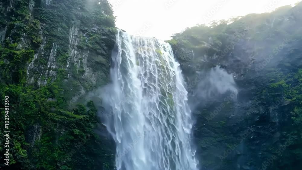 Poster Cascading water down steep cliff, surrounded by lush green plants with rising mist. Graceful waterfall flows, creating scenic, refreshing scene in rainforest jungle