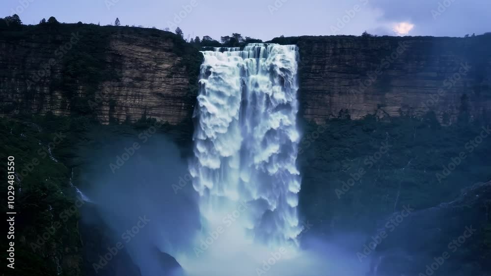 Poster water cascading down a steep cliff, creating a powerful waterfall with misty haze, surrounded by roc