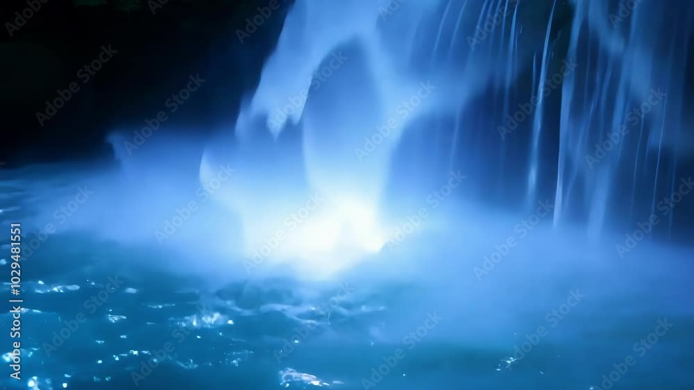 Poster powerful waterfall cascading into a serene pool. creating misty fog and calming blue light at night.
