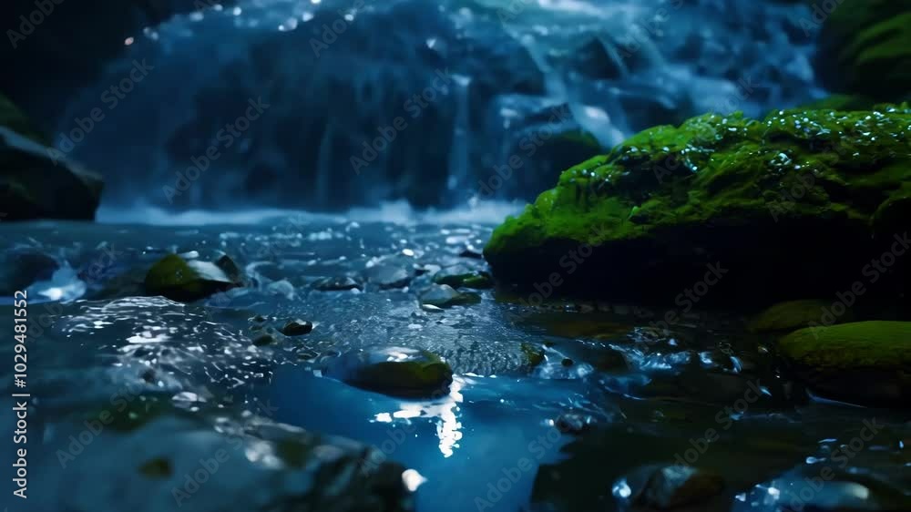 Poster water is flowing over rocks in this mountain river with a waterfall in the background. the mossy roc