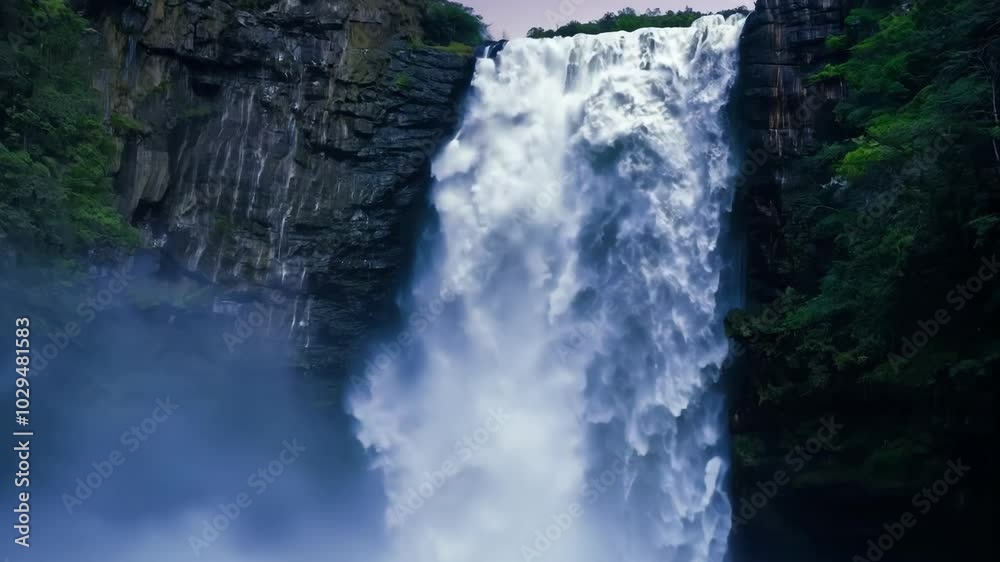 Aufkleber powerful waterfall cascading down a steep cliff with the full moon rising above the horizon, creatin