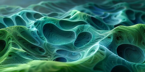 Fototapeta premium Futuristic green wave-like 3D texture with smooth, flowing shapes, perfect for modern, technology-inspired designs or digital artwork.