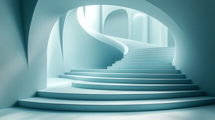 Wide angle shot of a modern minimalist interior with smooth teal walls featuring a spiral staircase leading to a bright room