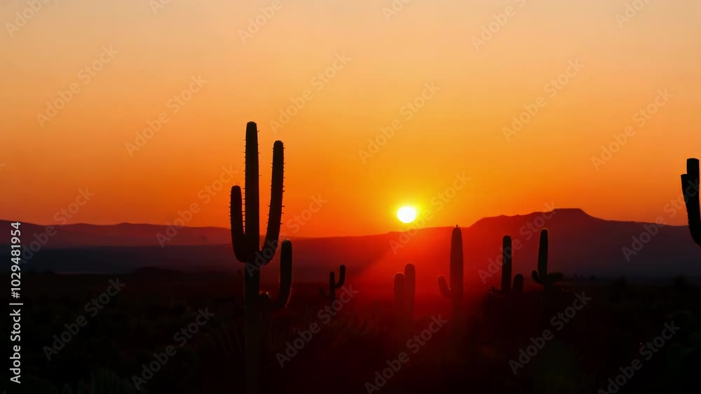Poster The glowing sun is setting behind a mountain range, casting warm light and creating silhouettes of  cacti in the  desert