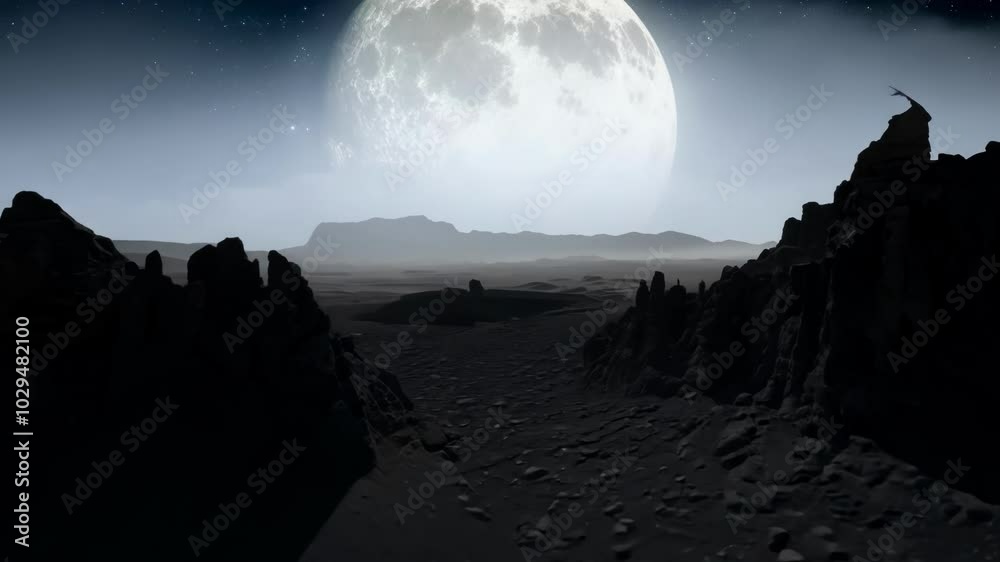 Poster the full moon softly glows over a rocky alien planet, revealing tall formations stretching into the 