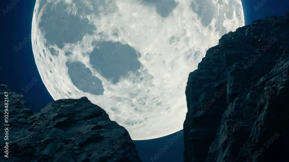 Poster glowing moon hangs low over a mysterious alien planet, casting light on rugged terrain